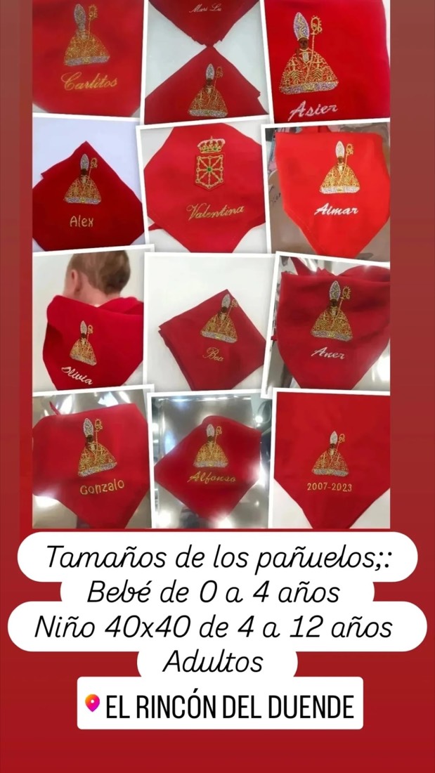 Tamaños de pañuelos de San Fermín bordados: bebé, niño 40x40 y adulto
